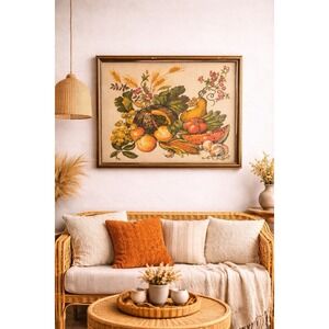 Vintage Finished Cross-Stitch Needlepoint Framed Art Harvest 14"x17"  Autumn